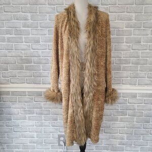 Vintage 90s Chenille Faux Fur Trim Long Cardigan Jacket Y2K  Indie M Made in USA